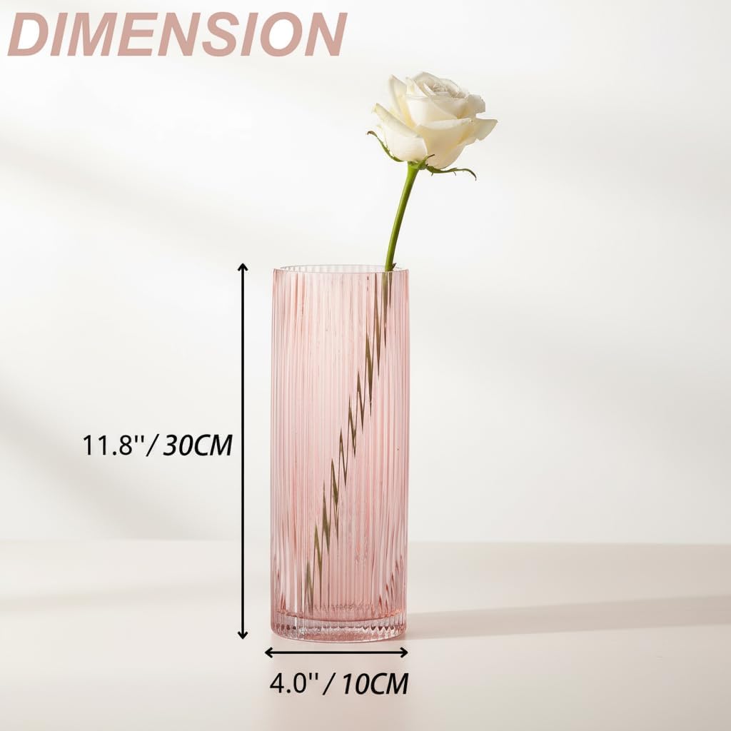 Pink Glass Vase, Glass Flower Vases, Ribbed Vase, Pink Vase, Tall Cylinder Glass Vases for Living Room, Bedroom, Dining Table, Office, Wedding, Bookshelf Decoration, 12 Inches