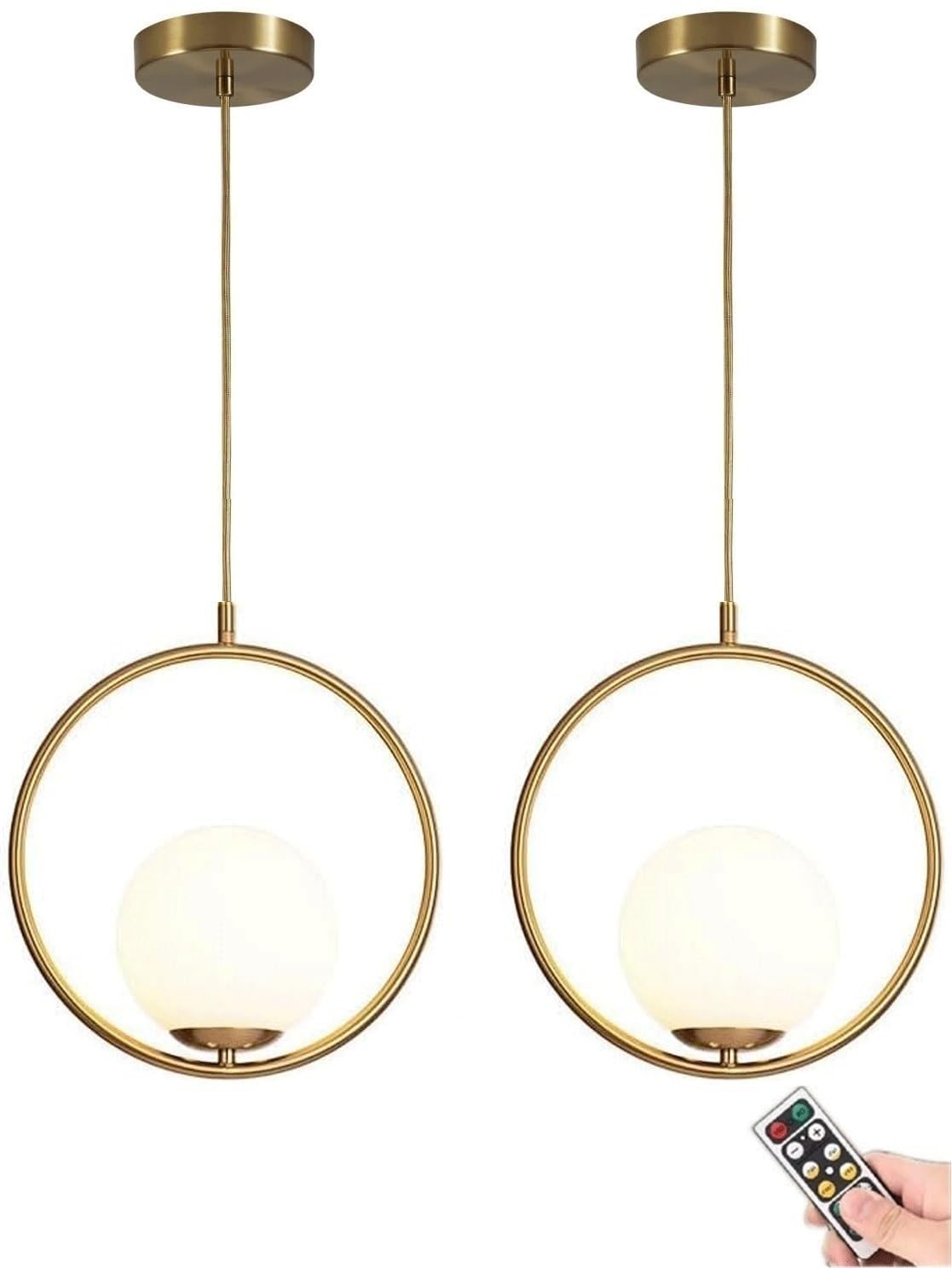 Battery Operated Pendant Light with Dimmable & Timeable Rechargeable Bulb, not Hardwired Battery Powered Globe Hanging Ceiling Lighting Chandelier, for Kitchen Island Dining Table Living Room Bedroom