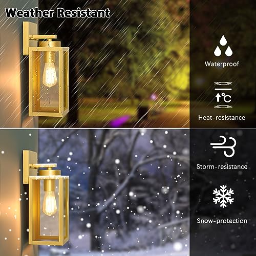 Image of BesLowe Outdoor Wall Light Fixtures, Gold Exterior Wall Lanterns | Waterproof Metal Construction, Rust-resistant, Quick & Easy Installation, Clear Glass Shades & Standard E26 Socket
