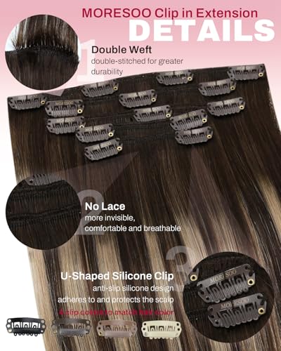 Image of Moresoo Clip in Hair Extensions Brown Blonde Balayage Short 12 inch 80g | Real human hair clip ins, caramel brunette balayage, 5pcs, reusable clip-in wear for soft short color dimension
