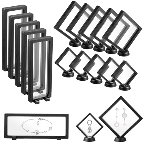 SHENLIU 15PCS 3D Floating Display Case, 3 Sizes Coin Display Stand Holder Frames Transparent PE Jewelry Storage Box Black Seal Frame for Challenge Medallions Medal Stamps Specimens