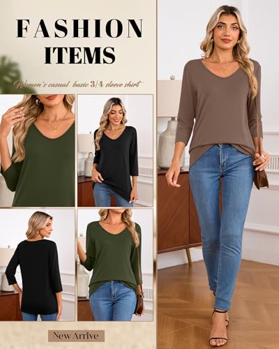 Huukeay 3 Pack Women's 3/4 Sleeve T-Shirts, V Neck Casual Tops Loose Fit Tunic Basic Tees 3/4 Length Sleeve Soft Blouses4