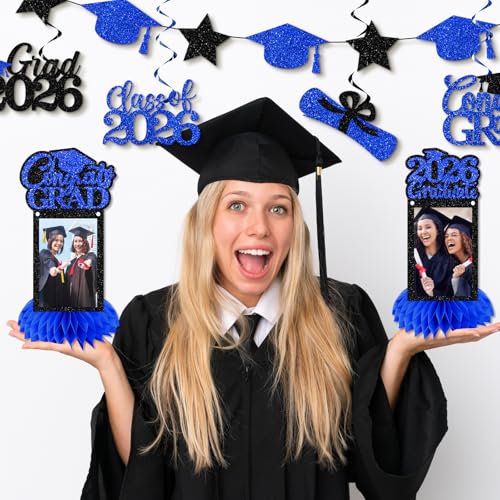 Image of Graduation Decorations 2026 - Blue Congrats Grad Party Supplies Include Glitter We are So Proud of You Banner, Hanging Swirls and Honeycomb Centerpieces for Photo Toppers