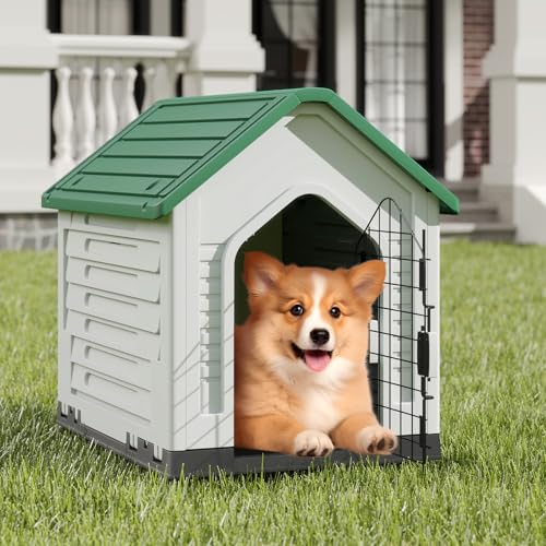GOPLUS Hundehütte Outdoor, Hundehütte wetterfest mit verschließbarer Gittertür & erhöhter Boden, Luftventile, Schrägdach, Hundekäfig Indoor, Haustierhaus Zuhause für Hunde & Katzen (Grün)
