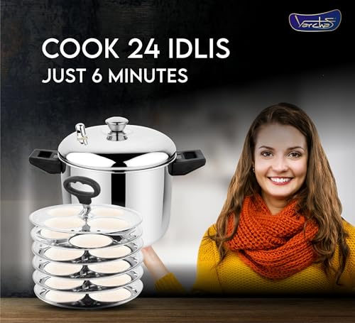 Image of VARCHAS Stainless Steel Idli Cooker with 6 Plates and Lid | 24 Idlis | Idly Maker | Silver | Gas and Induction | Holder /Lifter