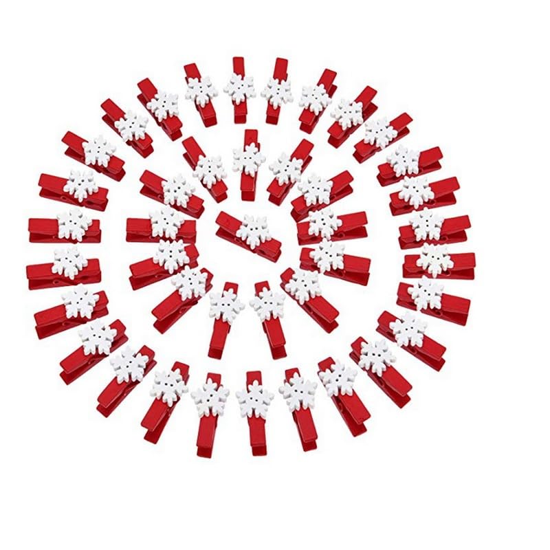 Papasgix 50 Mini Christmas Clothes Pins, Wooden Snowflake Clips, Small Clothespins for Photos, Cards, DIY Crafts, Holiday Decor (Red)
