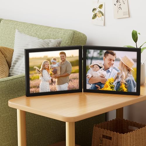 decorUhome Double 10x8 Picture Frame Horizontal, Engineered Wood Bifold Photo Frame with Plexiglass for Tabletop Display, 10x8, Black