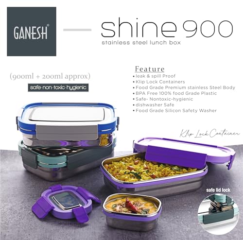 Image of Ganesh Shine Stainless Steel Airtight Leak-Proof Lunch Box for Office, School, Picnic - 900 ml - Blue