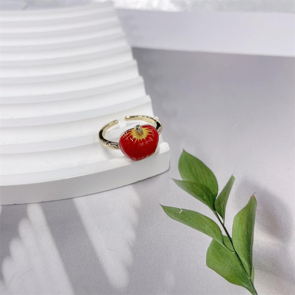 Cute Red Apple Enamel Adjustable Open Ring for Women Gold Plated Dainty Sweet Fruit Statement Stackable Finger Band Rings Comfotr Fit Fashion Jewelry - Image 2