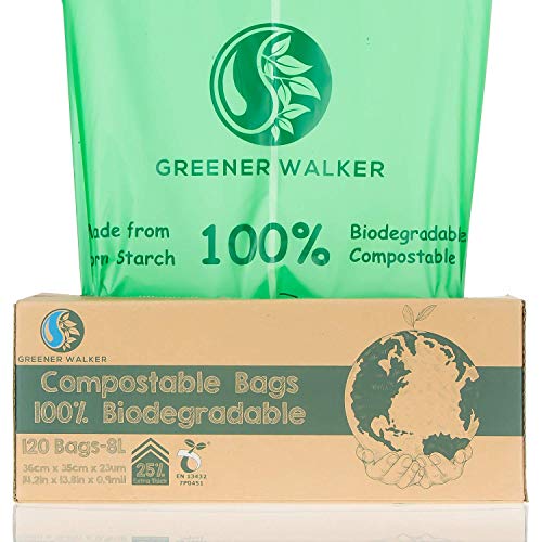 Greener Walker 25% Extra Thick Compost 6L/8L/10L/30L Caddy Bin Liners-120 Bags Biodegradable Kitchen Food Waste Bags(8L)