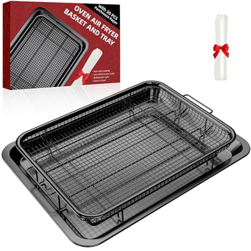 Comparison: Best Pan For Air Fryer Oven 6 Air Fryer Pans for Oven, Oven Air Fryer Basket and Tray with 30 PCS Parchment Papers, DEGOVIN Crisper Tray Non-stick Stainless Steel Air Fry Pans for Convection Oven(15.8" × 11"-Black)