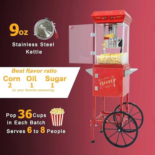 Image of Popcorn Machine Cart - Popcorn Maker Machine with 9OZ Kettle Stainless Steel, with Retro Vintage Cart & Wheels, Storage Cabinet, Theater Style for Home, Carnival, Markets, Parties, Retro Diner, School