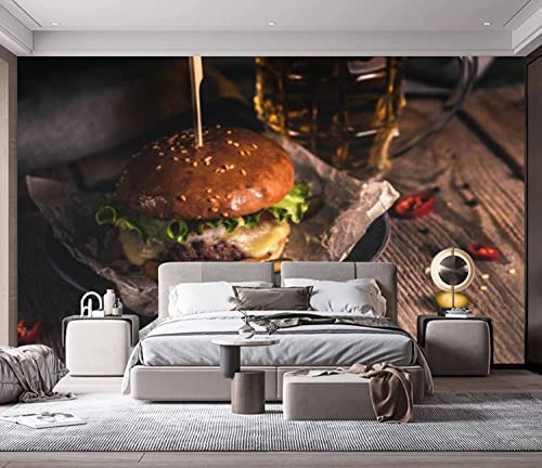 Modern Wall Murals 3D Tasty Burger Mug Beer Wooden Table Peel And Stick Wallpaper Removable Self-Adhesive Pvc Wall Stickers For Living Room Bedroom Wall Decor #TOP3