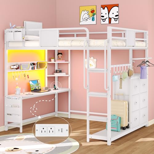 Dnxao Full Size Loft Bed with Desk, 900 lbs Heavy Duty Metal Bed Frame for Adults & Teens, 6 Storage Drawers, Power Outlet with Type-C, LED Lights, Integrated Study Workstation for Small Room, White