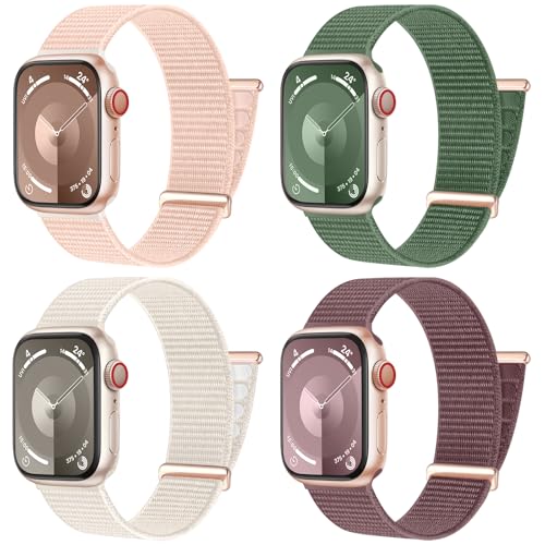 CeMiKa Compatible con Correa Apple Watch 40mm 41mm 42mm 38mm Mujere Hombre, Banda Deportiva de Nailon Suave Ajustable con Velcro Sport Looppara iWatch Serie 10 9 8 7 SE 6 5 4 3 Ultra 2 1, Pack 4