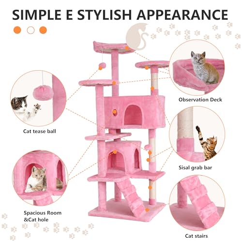 Image of BestPet | 54 inch Cat Tree Tower | Pink | Sturdy Multi-Level Cat Tree