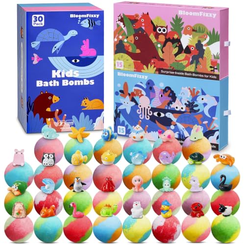 30 Kids Bath Bombs with Surprise Inside – Gift Set with 30 Unique Land & Sea Animal Toys, Fun, Educational, and Child-Safe Natural Bath Bombs with Toys, Great Gift for Kids’ Birthdays & Christmas