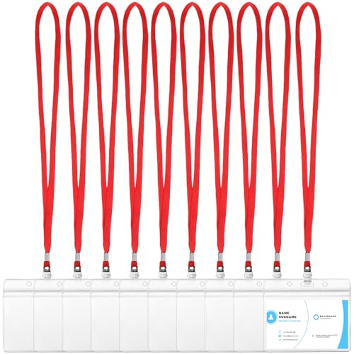 Image of Marspark 10 Sets 4 inchx3 inch Name Badge Holder with Lanyard Bulk, Red | Waterproof Reusable Plastic with Clip, ID Badges Business School Conference Use, Lanyard Strap for Employees Students Events