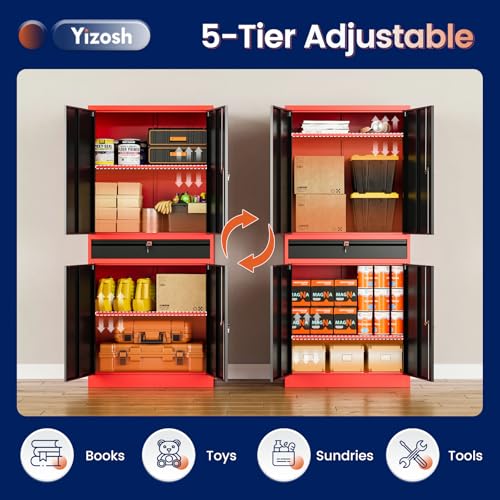 Image of Yizosh Metal Garage Storage Cabinet with Locking Doors and Adjustable Shelves,- 71 inch Tool Storage Cabinet with 1 Drawer for Garage,Office,Warehouse