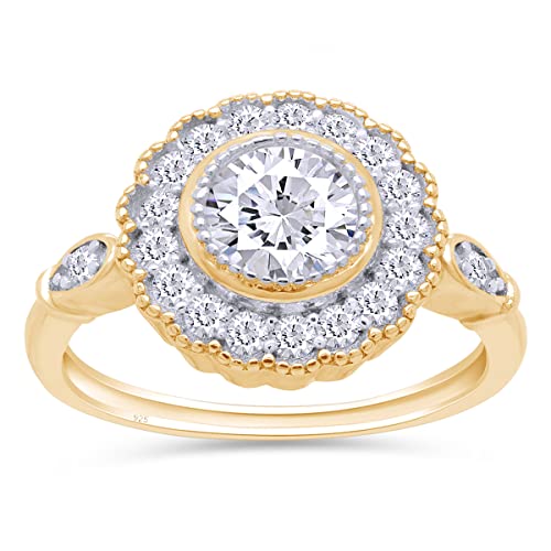 SAVEARTH DIAMONDS Round Shape Sparkling White Cubic Zirconia Milgrain Bezel Set Halo Engagement Promise Ring In 14k GOLD Over Sterling Silver Jewelry For Women Gifts For Her