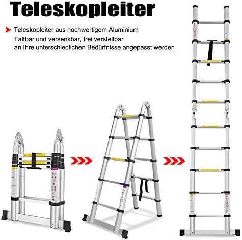 LARS360 5.0M Telescopic Ladder Aluminium A-Type 16.5 FT Telescoping Ladder Extension Extend Portable Ladder With Wheel Foldable Ladder Multi-Purpose Function For Home Loft Office DIY