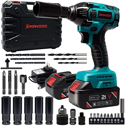 KINSWOOD Lithium-ion 2pc Batterie Rechargeable Cordless brushless motor Lithium-ion Power Impact Wrench Driver kit 1/2" 21V, Fast Charger