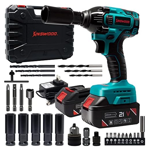 Kinswood Rechargeable Cordless Impact Wrench kit 21V with Drill Set Heavy Duty Led Light Free Case & work Glove (1 battery)