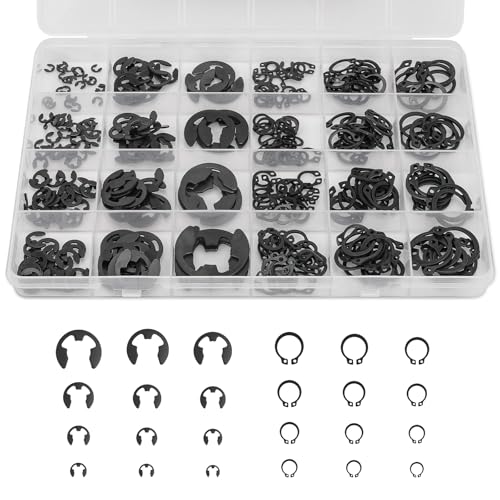 Sieqioor 352Pcs Retaining Ring Assortment Kit with E-Clips (2.0mm-15mm) & External C-Clips (M5-M16) | 24 Sizes Black Carbon Steel Snap Rings And Circlips for DIY & Repair.