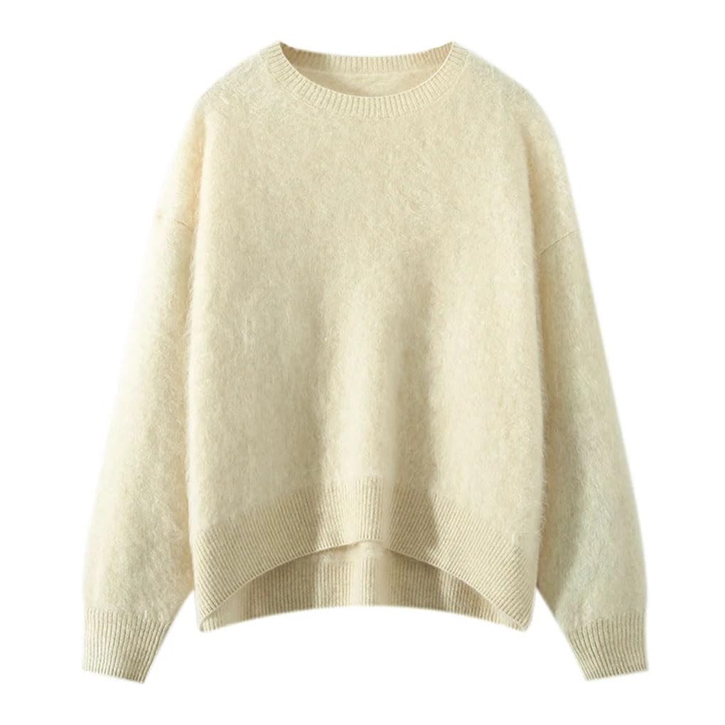 Women Long Haired Cashmere Sweaters O Neck Loose Long Sleeve Jumpers Solid Knit Warm Pullovers Winter