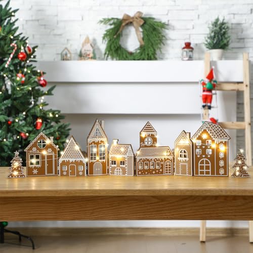 Retisee 1 Set Gichristmas Ngerbread House Decorations Foldable Christmas Gingerbreads House with LED Light and 2 Pcs Tree Xmas Village Home Decor Gift for Party(Gingerbread,Yellow)