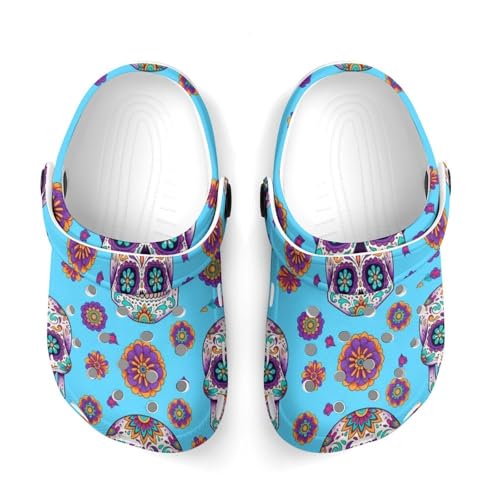 Boy's Fashion Beach Pool Slippers Toddler Sandals for Stylish Water Play, Mexican Sugar Skulls Day of The Dead Cross Flowers Green