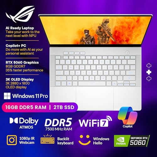 Image of ASUS ROG Zephyrus G14 AI Gaming Laptop, 14 inch 3K OLED Display, AMD Ryzen 9 270(>i9-12900H), GeForce RTX 5060, Liquid Metal Cooling, Dolby Vision & Atmos, Windows 11 Pro, White(16GB DDR5 RAM | 2TB SSD)