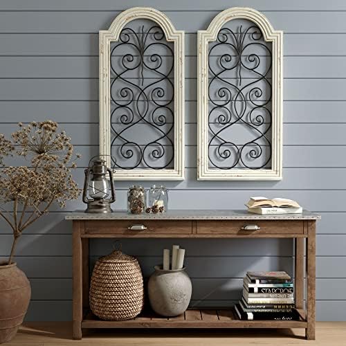 Barnyard Designs Rustic Wood and Metal Wall Decor, Large Decorative Wrought Iron Scroll Wall Art, Vintage Farmhouse Home Decor, 81.5 x 40.5cm, (Set of 2)