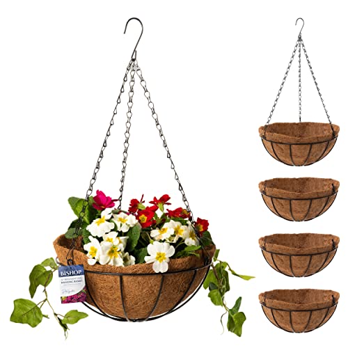 Bishop Hanging Basket With Liner — Includes Coco Liners for Hanging Baskets, 12 inch Black Wire Basket — Ideal Gardening Gifts For Mum — Great Garden Decoration Ideas and Outdoor Garden Planters