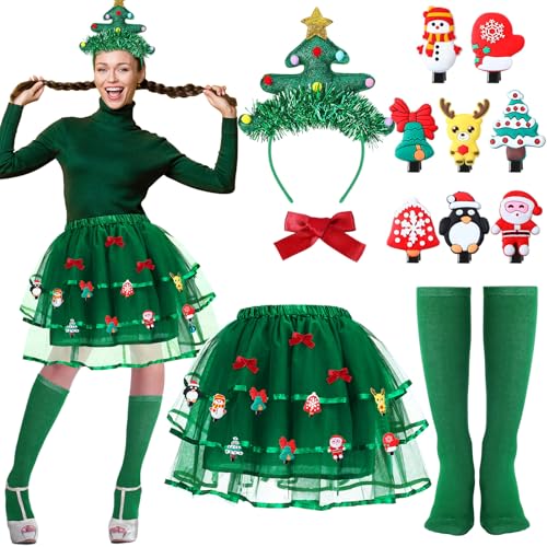 JenPen 4 Pcs Christmas Tree Costumes for Women Xmas Tutu Skirt Christmas Tree Headband Socks Xmas Outfit for Costume(Bow Clips)