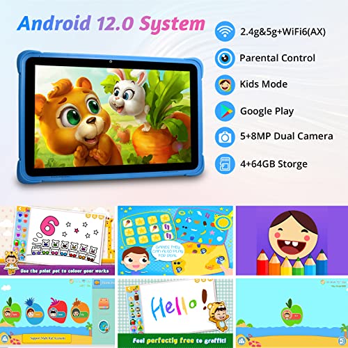 CWOWDEFU Kinder Tablet 10 Zoll, Android 12 Kinder Tablet mit 5G WiFi+ AX WiFi6, 4GB RAM+64GB ROM,1280 * 800 HD Display,6000 mAh,Kindersicherung,5+8MP Kamera,Bluetooth5.0, Stylus Pen(Blau) – Bild 3