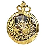 TREEWETO Men's Women's Pocket Watch Mechanical Skeleton Eagle Wings Double Hollow Case Roman Numeral with Chain Box