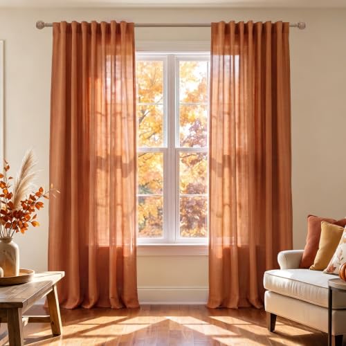 Burnt Orange Fall Linen Curtains for Living Room, Boho Retro Semi Sheer Light Filtering Drapes for Bedroom 84 Inches Long 2 Panels, Back Tab Dark Orange Autumn MCM Decor, Cortinas Naranjas