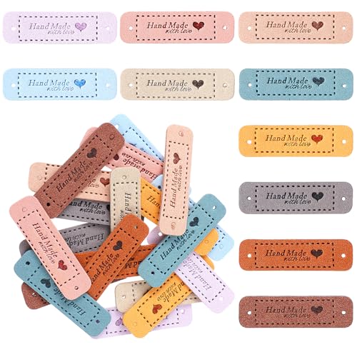 PU Leather Tags for Handmade Items, Colorful Rectangle Crochet Tags Handmade with Love Tag, Embossed Sewing Labels Faux Leather Labels with Holes for DIY Knitting Crochet Hats Bags (20Pcs)