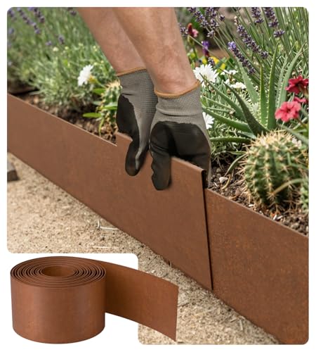 Bordo per prato in acciaio corten, 10 m, bordatura per aiuole in metallo, altezza 15 cm, spessore 0,6 mm, bordo flessibile per aiuole con effetto ruggine, include un paio di guanti e un connettore in