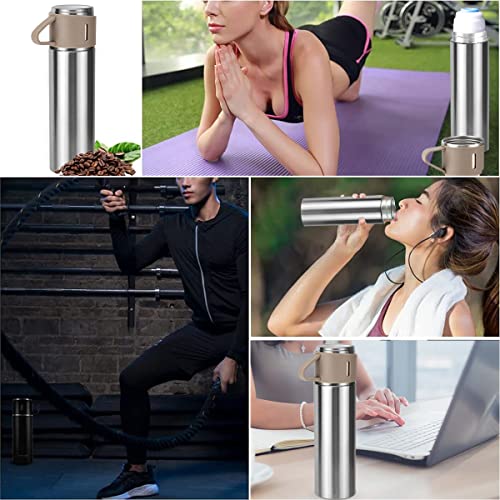 Coffee Thermos Stainless Steel Vacuum-Insulated Water Bottle, 500Ml/16.9Oz Insulated Bottle With Cup For Hot & Cold Drink Travel Mug (Brown, One Cup) #TOP6