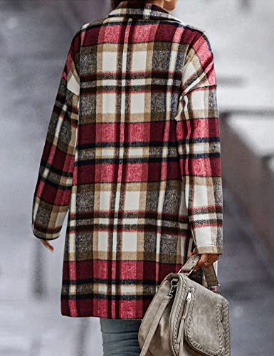 Seekme Women Flannel Plaid Shacket Jacket Shirt Casual Lapel Button Down Wool Blend Coat(1374-Red-Xl-Fy) #TOP3