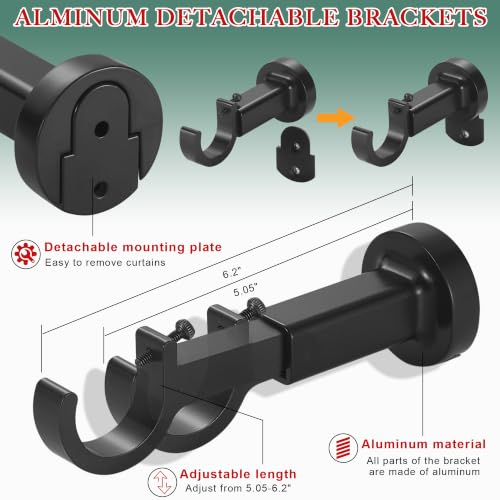 Heavy Duty 48in/4ft Custom Curtain Rods,1-1/4 Inch Diameter, Non-Adjustable Drapery Rod Set with Solid Aluminum Double-Ribbed Finials, Premium Aluminum Round Base Brackets,Black by Mayrhyme - Used condition - Image 3