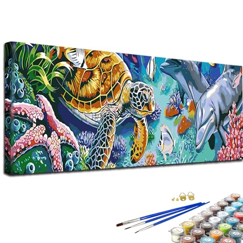 JATOK Paint by Numbers for Adults, Painting Kits for Beginners On Clear Symbols Colored Canvas, Easy DIY Acrylic Pigment Drawing Paintwork for Home Wall Decor, 12x30in Frameless, Marine Animals