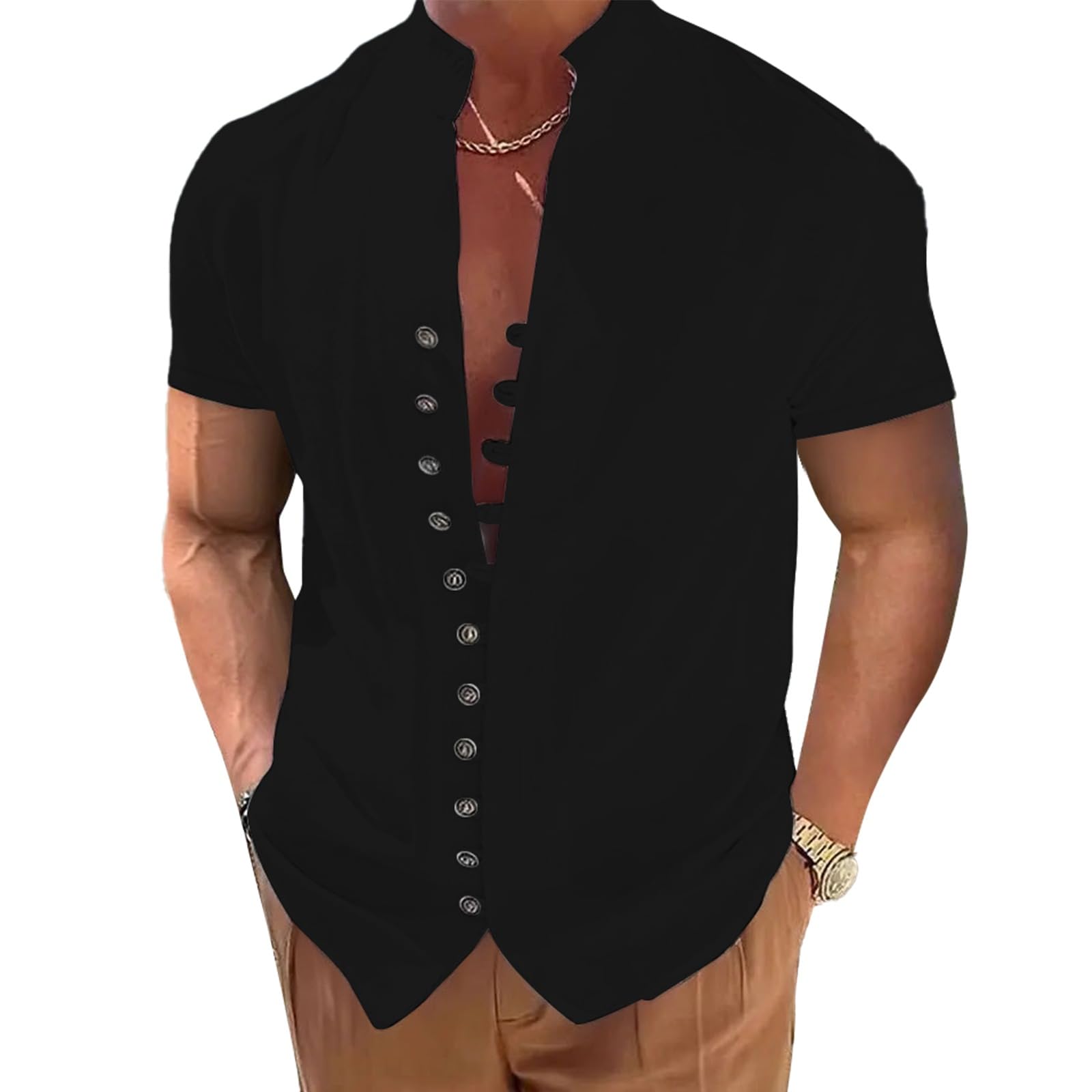 NIBESSER Camisa Lino Hombre Manga Larga Camisa Verano Hombre Casual Camisa Cuello Mao Hombre con Botones Color Sólido Transpirable para Vacaciones Playa