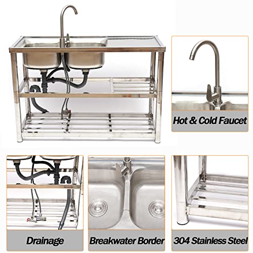 Dnysysj Commercial Stainless Steel Kitchen Sink, 2 Compartment Free Standing Utility Sink With Faucet Drainboard Storage Shelves For Garage, Restaurant, Kitchen, Laundry Room Indoor Outdoor #TOP2