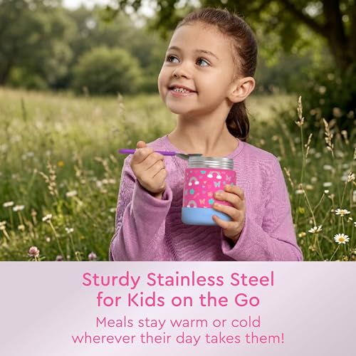Image of Bentgo Kids Stainless Steel Leak-Proof Food Jar for Hot or Cold Food | 11 fl oz Double Insulated Container with Removable Silicone Bumper, Dishwasher Safe, Easy Open Lid, Ages 3+ (Rainbows)