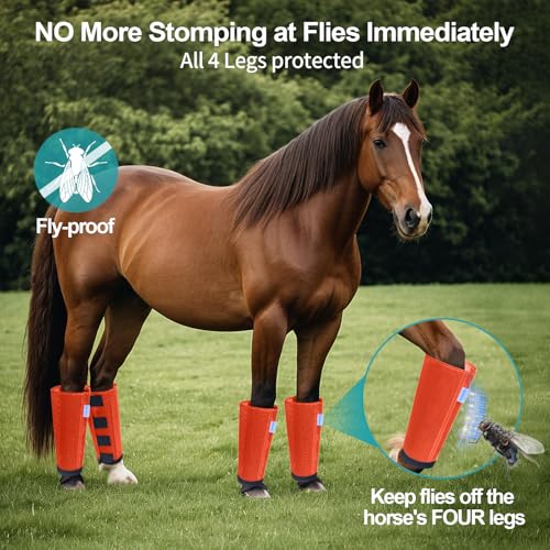 Image of Mesh Horse Fly Boots Set of 4, Loose Fitting Leggings for Horses, Reduce Stressful Stomping, Breathable Adjustable and Universal Fit for 4 Legs, Reliable Stay Put (Orange)