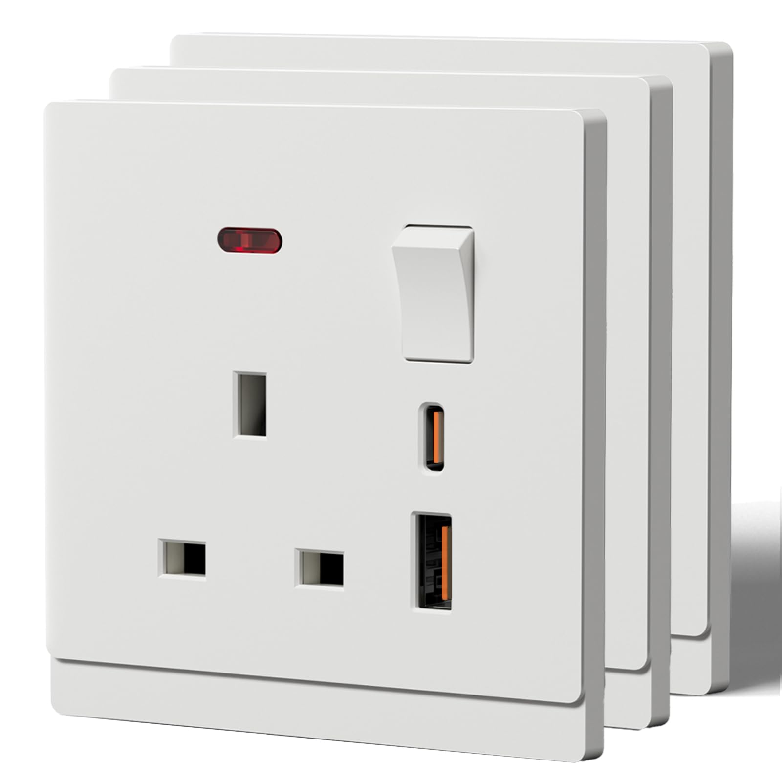 BSEED Single Socket with 20W USB C Fast Charging,Tactile Finish Switched Wall Sockets,13A Electric Power Outlet,Individual Control & LED Indicator,Designer Wall Plate,Single(20W)-3 Pack,86mm White