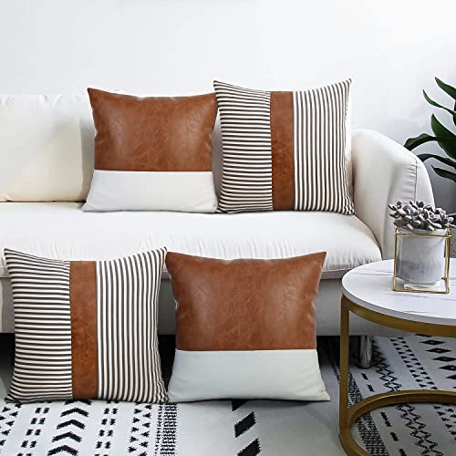 Cygnus Boho Throw Pillow Covers 18 X 18, Modern Farmhouse Decorative Pillow Covers For Couch Sofa Bed,Faux Leather Pillow Covers Set Of 4,Gray Stripe #TOP25